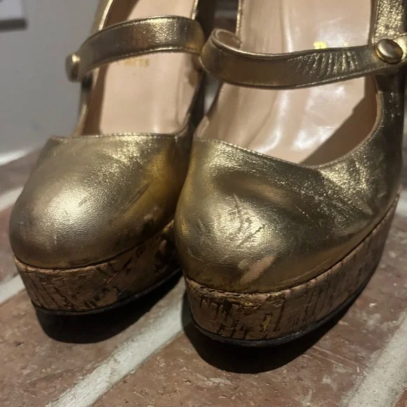 Christian Louboutin Metallic Gold Leather Cork Platform Wedge Mary Jane - Picture 5 of 16